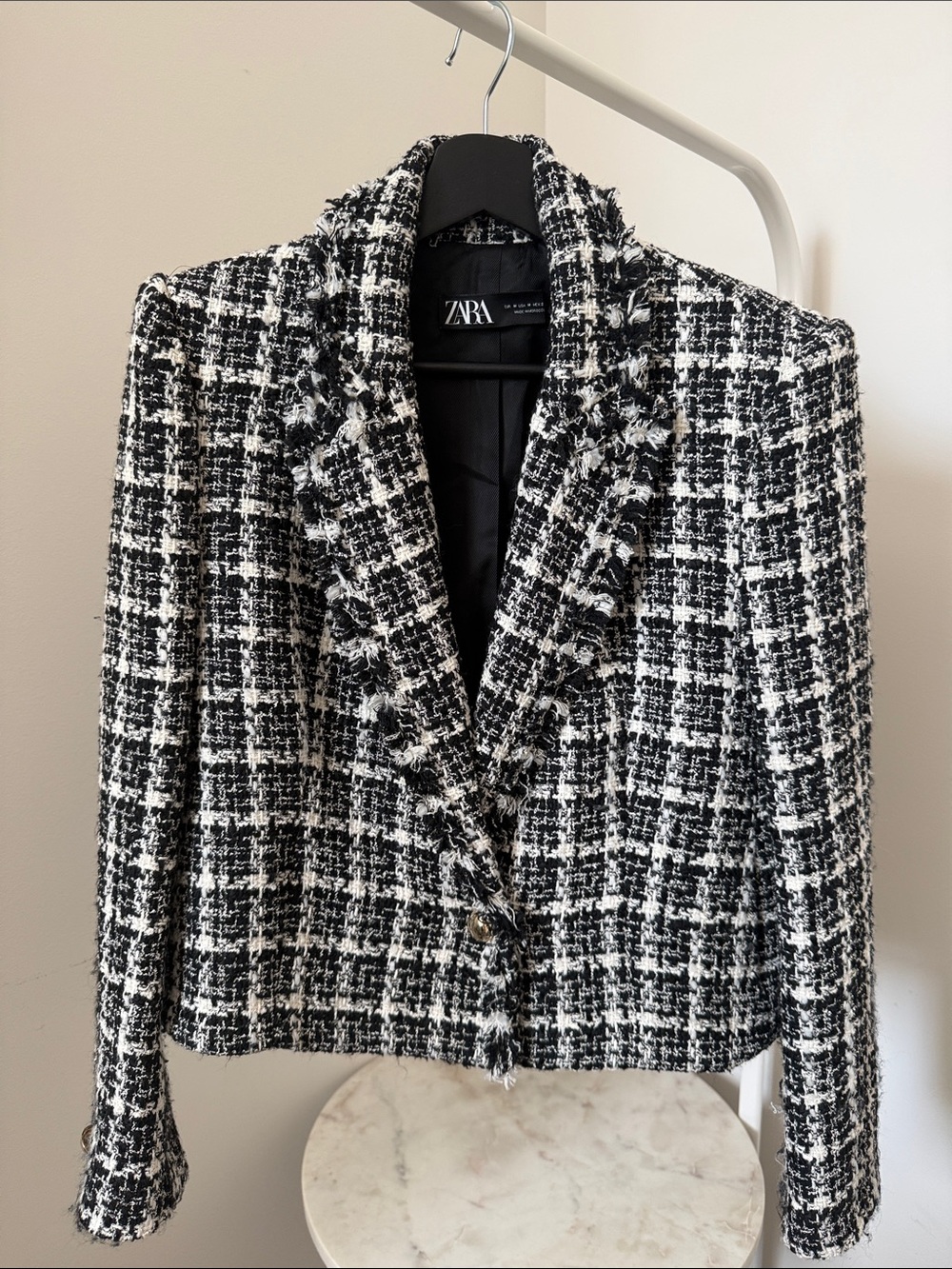 Zara Black & White Tweed Fringe-Trim Blazer
